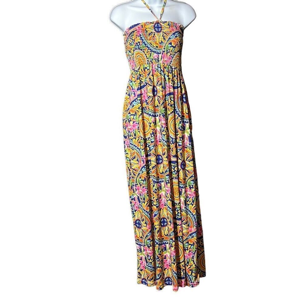 Kristine Women's Floral Maxi Dress Halter Gathered Bust Multicolor Yellow S/M